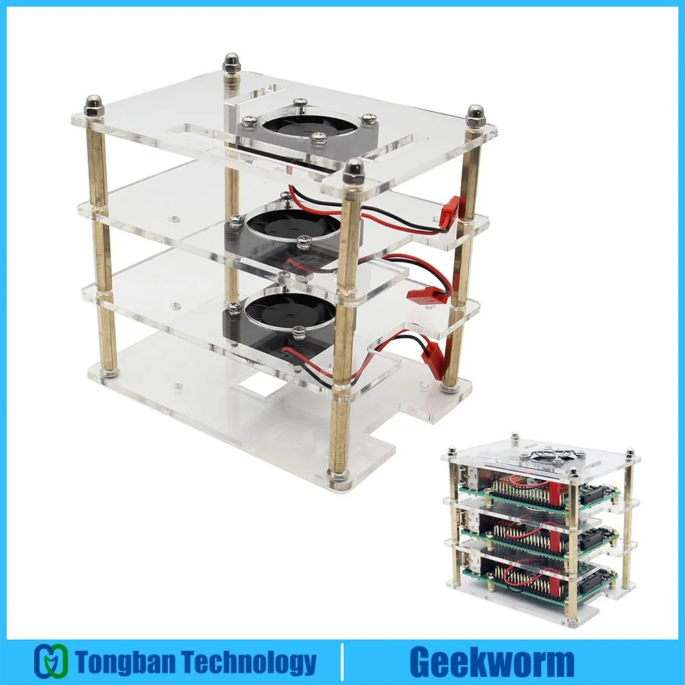 

3 Layers Raspberry pi 4B/3B+/3B Cluster Acrylic Case Shell +3 Pieces Cooling Fan + 1 piece of fan protective cover for Pi 4/Pi 3