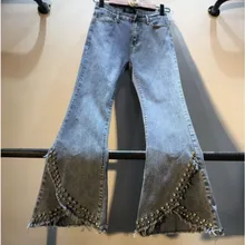 Весенние новые джинсовые брюки женские Ретро тяжелые просверленные алмазные расшитые бисером тонкие джинсы брюки женские с высокой талией расклешенные брюки