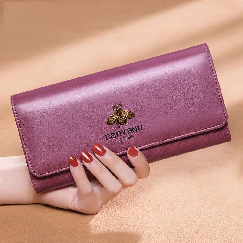 

Genuine Leather Women Wallet Fashion Leather bee Wallets Female Clutch Ladies 3 Fold Long Purse Fashion Hasp Wallet Card Holde