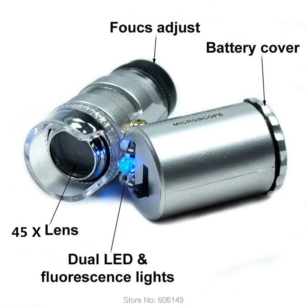 2 X Мини 45 x Jewelers Лупа микроскоп увеличительное карманное светодиодный и УФ-светильник