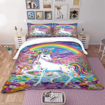 

3D Floral Unicorn Bedding Set Rainbow Duvet Cover Pillow Cases Twin Full Queen King AU Single UK Double Size 3D Bedclothes Kids