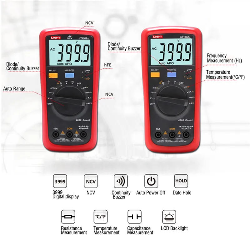 

UNI-T UT136B+ UT136C+ Digital Multimeter Auto Power Off Meter AC DC Voltage Current Ohm Diode Cap Hz of Test Diode Multimeter