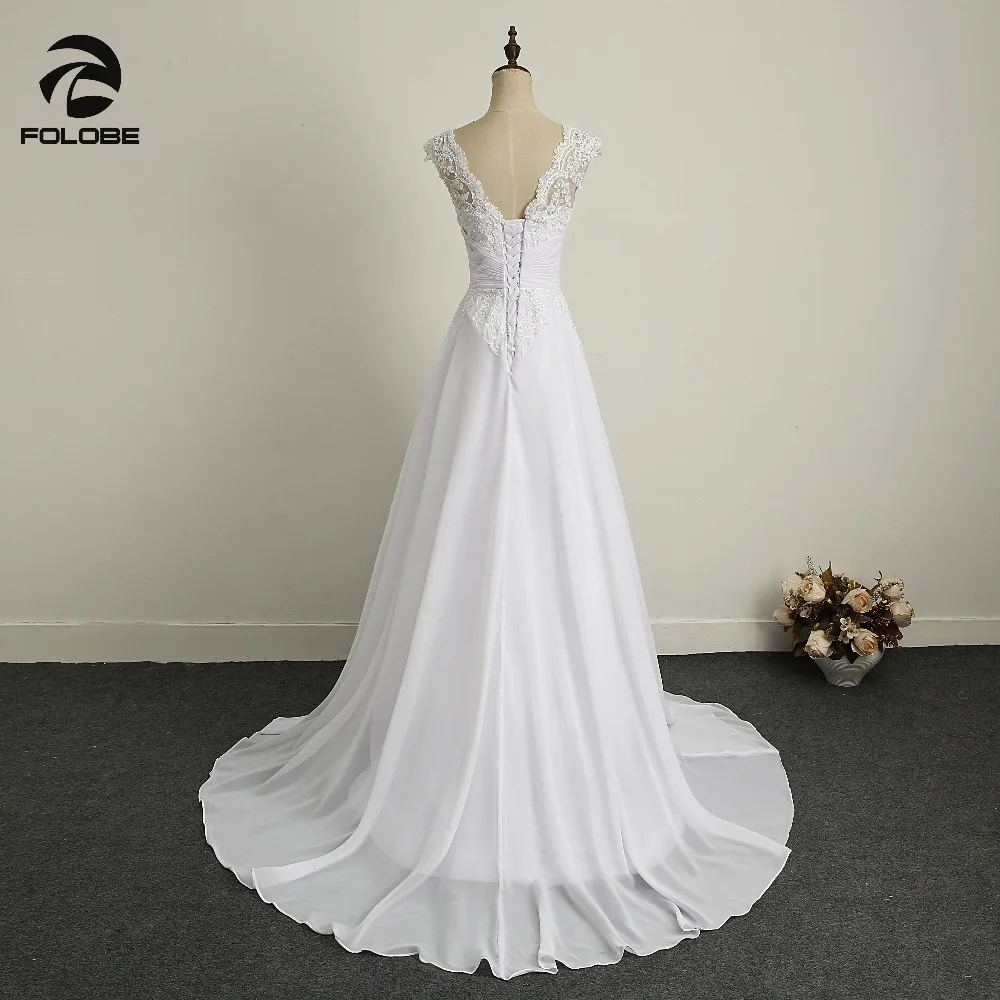 V-neck Beads Lace Backless Pleats Chiffon A-line Beach Long Wedding Dress