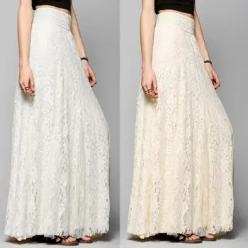 

2019 Hot Fashion Womens Elegant Solid Color High Waist Stretchy Double Lace Layer Chiffon Maxi Long Skirt US