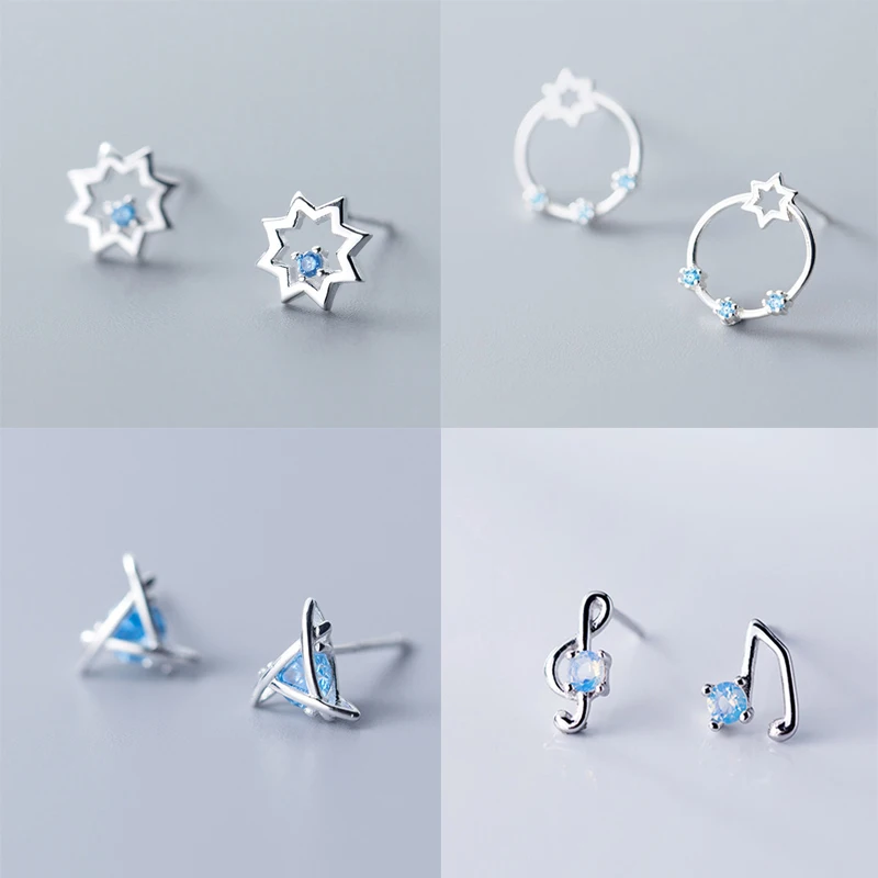 

Authentic 925 Sterling Silver Blue Anise Star Round Triangle Note Stud Earrings For Women Hypoallergenic Fashion Silver Gift