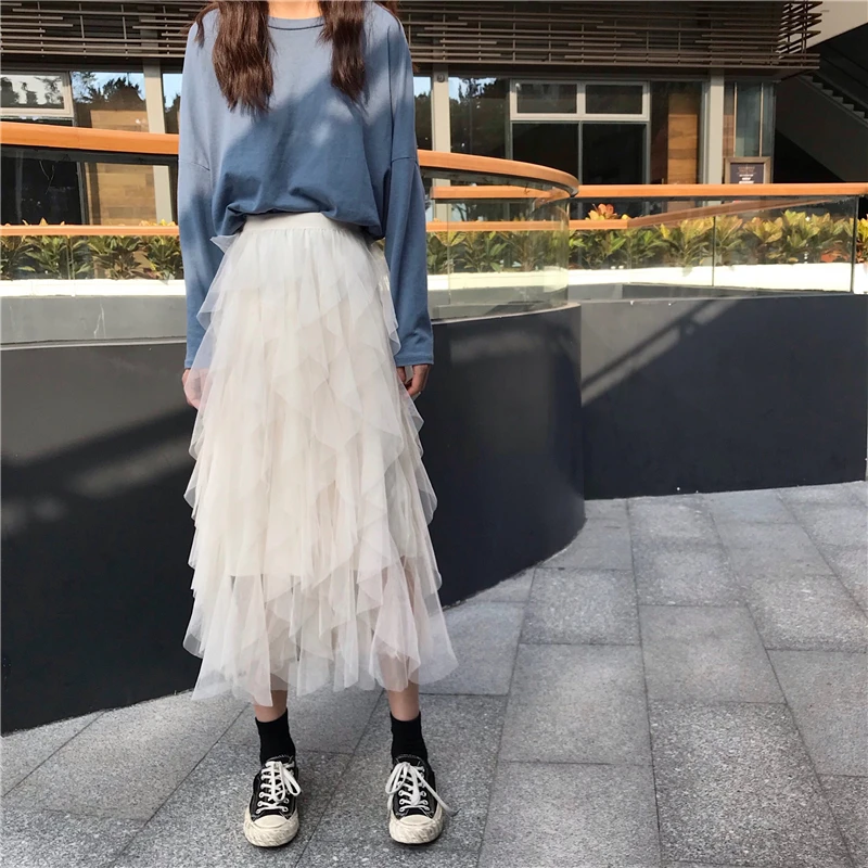 Корейская женская винтажная однотонная черная белая сетчатая кружевная органза плиссированная каскадная гофрированная длинная юбка миди с высокой талией в стиле бохо модная Лолита