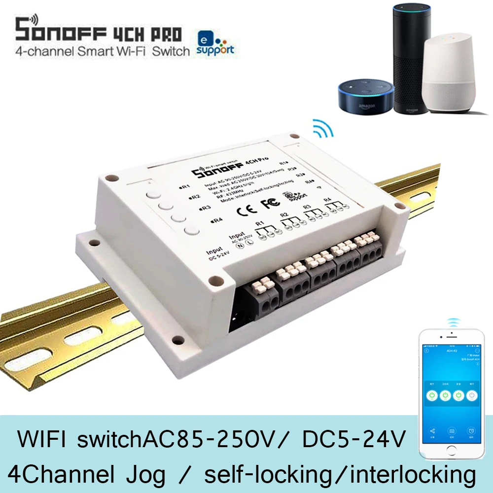 

Sonoff 4CH Pro - 4 Channel WiFi RF Smart ON/OFF Remote Switch Controller Inching/Self-Locking/Interlock/ Timer DIN Rail Mounted