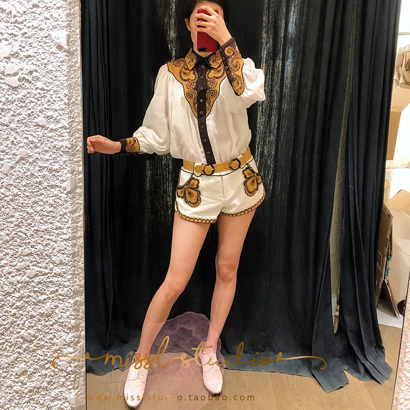Designer Summer Runway Vacation Two-Pieces Sets Women Long Sleeve Cotton Vintage Printed Top (4)