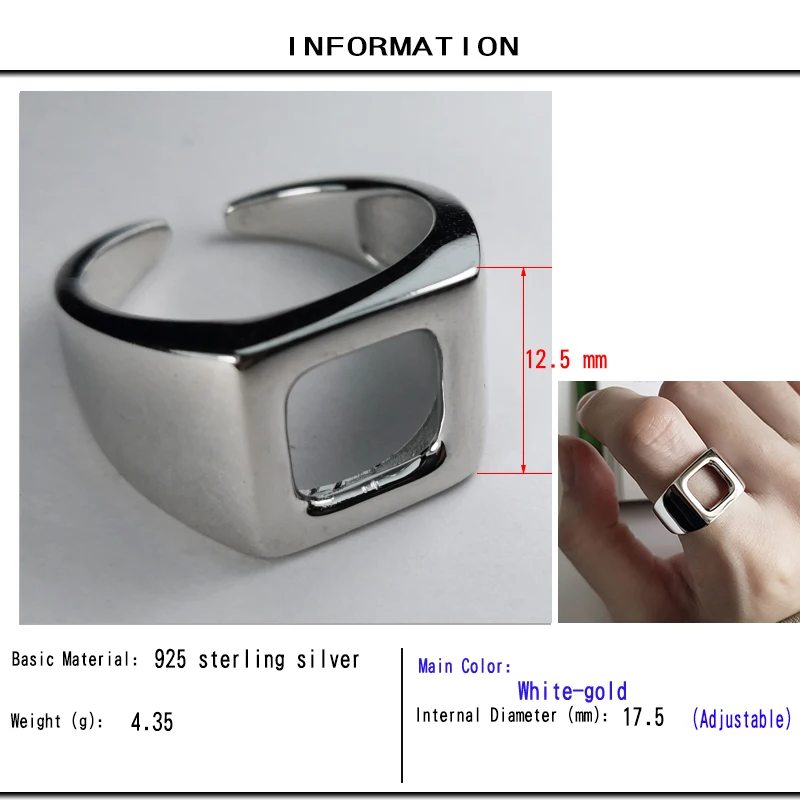 Полое гладкое широкое квадратное Открытое кольцо 925 пробы Серебряное кольцо с геометрическим квадратным отверстием для женщин Черная пятница