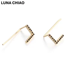 

LUNA CHIAO Gold Plating V shape Chevron Geometric Post Stud with long back pin Pave Zircon Earrings