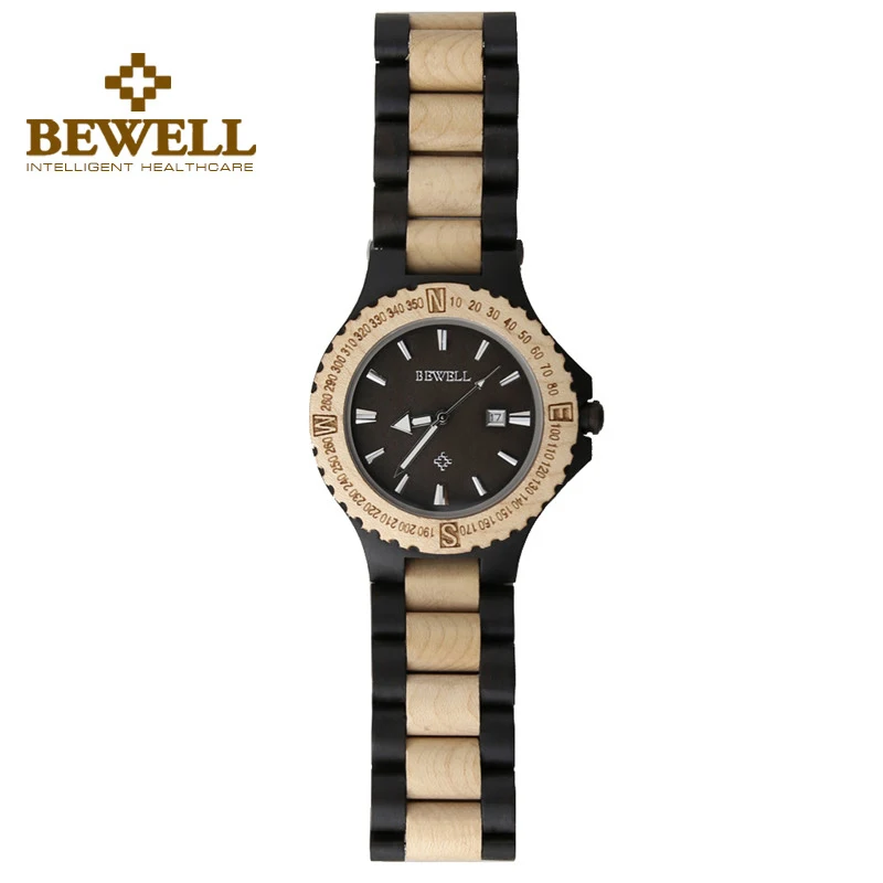 

BEWELL Mens Business Ebony Maple Wood Watch Life Waterproof Calendar Wooden Strap Men Gentleman Casual Dress Quartz Watch