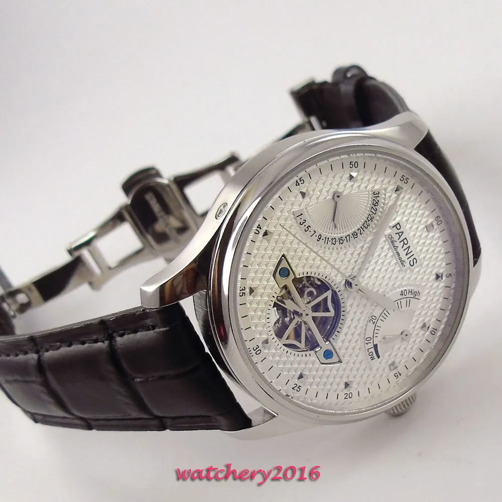 Newest 43mm parnis white dial power reserve date window Mens Automatic