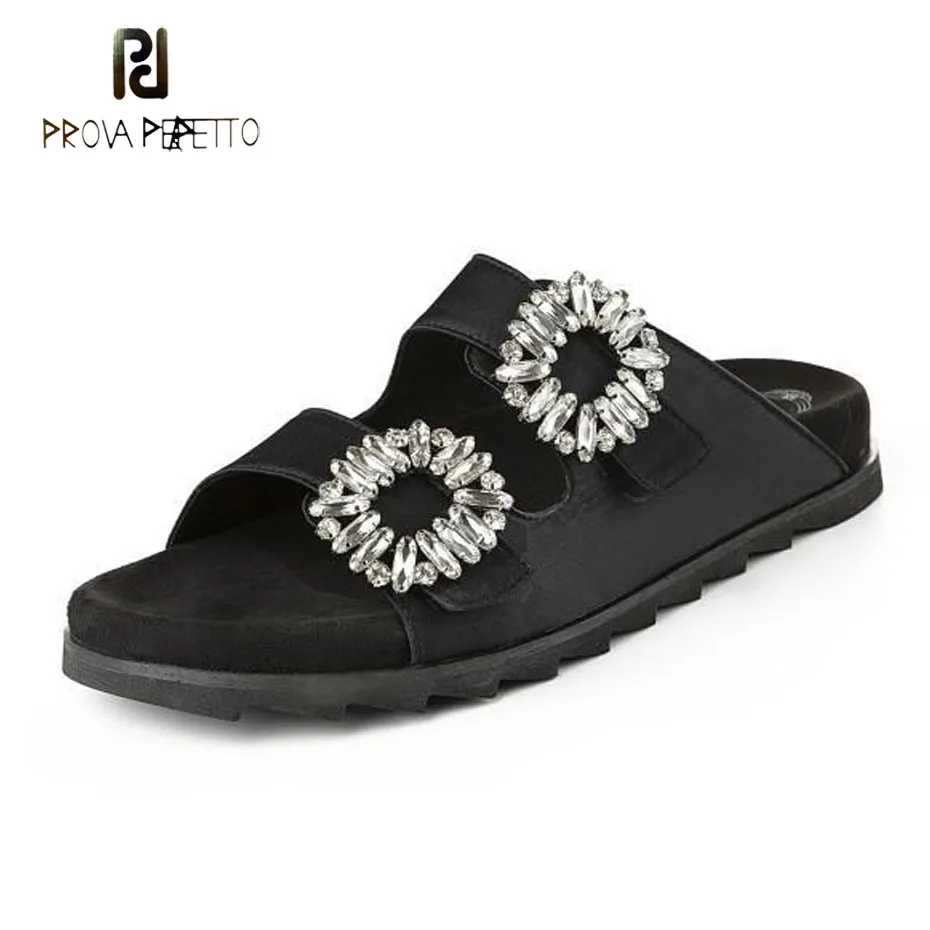 

Prova Perfetto luxury rhinestone buckle slippers women black white thick bottom rome style sandals summer shoes flats slides