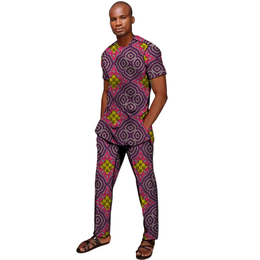 Африканский принт человек рубашки с короткими рукавами модные штаны наборы для ухода за кожей рубашки-Дашики + мотобрюки Индивидуальные