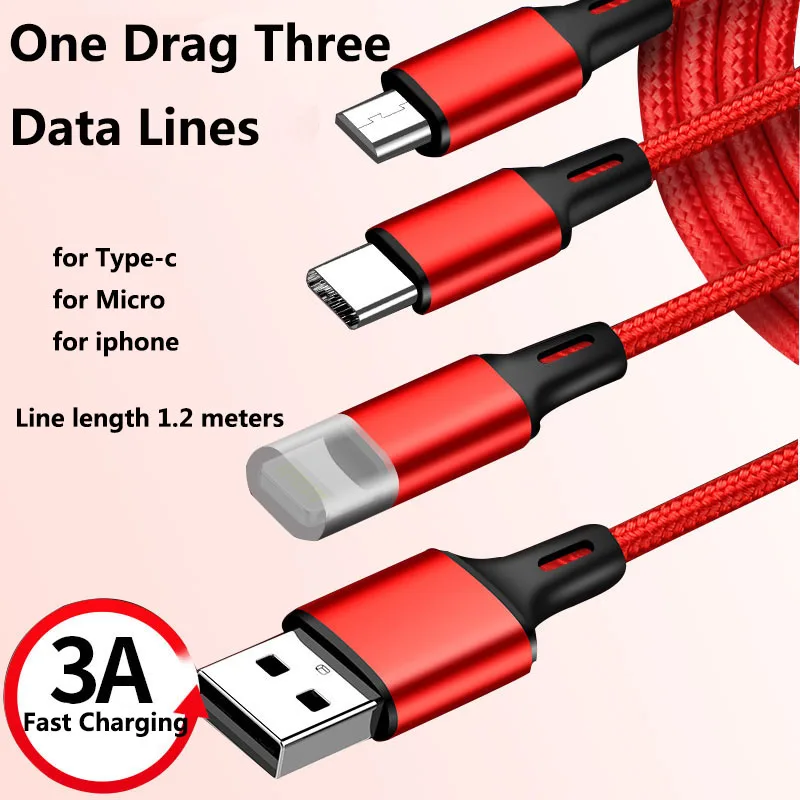 

USB Data Line 3A Fast Charging 1.2m One Drag Three Charging Line Data Transmission Line Applied for Type-c for iphone for Micro