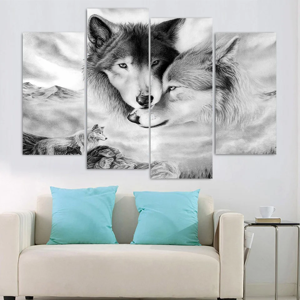 

HD Printed Modern Canvas Living Room Pictures 4 Panel Wolves Snuggle Together Frame Painting Wall Art Modular Poster Home Decor