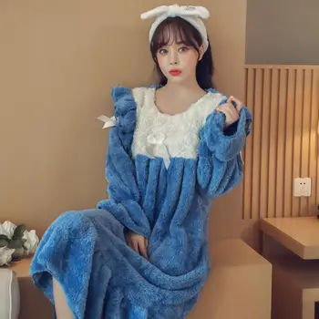 

Autumn winter new fashion flannel thicker sleep dress female long sleeve lace patchwork nightgowns women home clothes gx1731