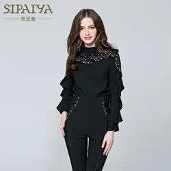SIPAIYA 2017 Весна Новый стиль Женская блузка с бисером топы с длинным рукавом Повседневная рубашка Лоскутная Женская одежда