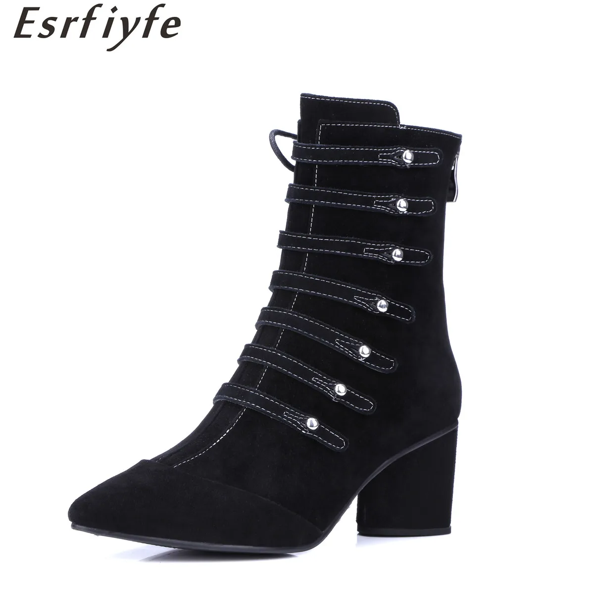 

ESRFIYFE New European Style Genuine Leather or Kid Suede Autumn Women Ankle Boots Square Heels Pointed Toe Boots Buckle Shoes