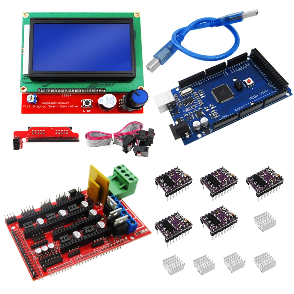 

3D Printer kit 1pcs Mega 2560 R3 + 1pcs RAMPS 1.4 Controller+ 5pcs DRV8825 Stepper Motor Drive + 1pcs LCD 12864 controller