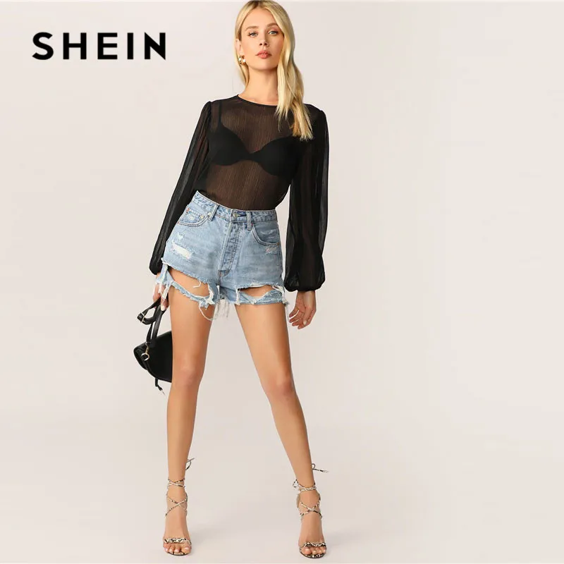 SHEIN, сексуальные женские топы с рукавом-фонариком, без бюстгальтера, черные, круглый вырез, длинный рукав, летняя блузка, Женские топы и блузки