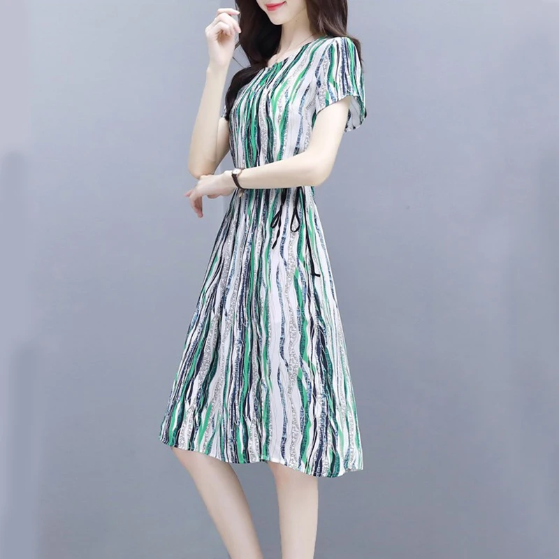 

Fashion Short Sleeve Sashes Dress Casual Striped Summer Dress Women Dresses