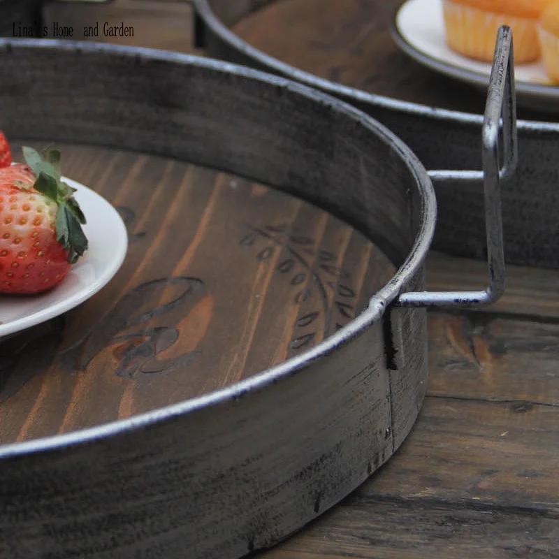 handmade zinc wood round antique serving tray with handle (4)
