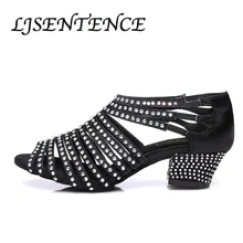Квадратный Обувь для танцев для Для женщин Бальные туфли для девочек латиноамериканских танцев сальса кизомба; бачаты лодочка со стразами и острым носом Мягкая подошва Эластичная лента на низком каблуке туфли для танце