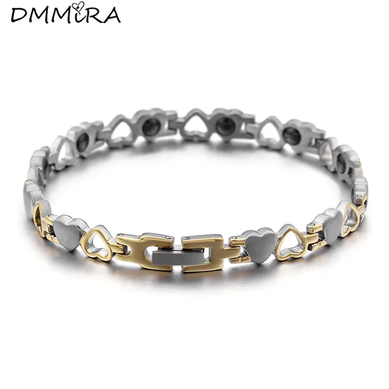 

Fashion Women Silver Gold Germanium Bracelets Stainless Steel Hollow Hearts Health Magnets Energy Healthy Bracelets Jewelry