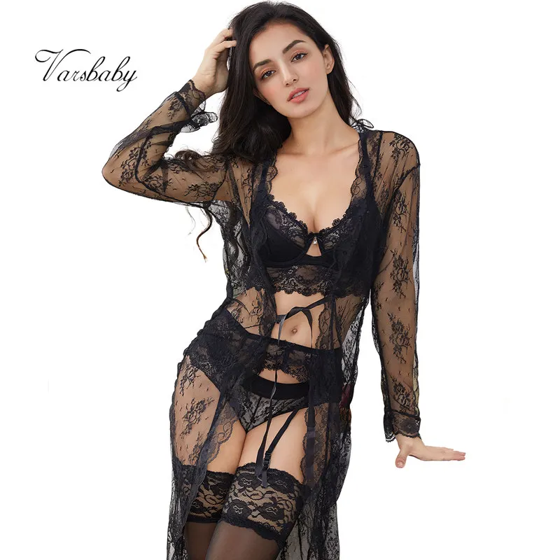  Varsbaby Sexy Lace Underwear Set Robe+Bra+ Panties+ Stockings +Y-line Straps +Thong 7 Piece For Lad