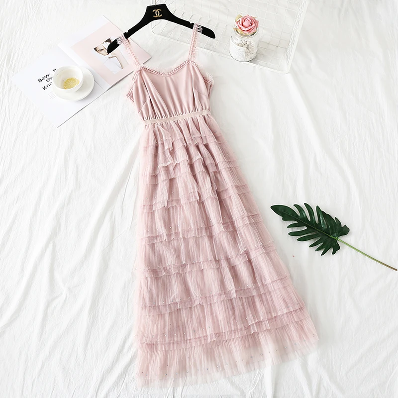 

Boho Chic 2019 Summer Spaghetti Strap Long Dress Vintage Pink Beige Blue Cascading Ruffles Vestidos Verano Women Runway Dress