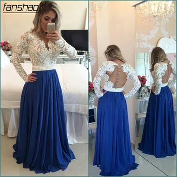 

Sexy Modest White and Blue Evening Dresses Lace Long Sleeves Sexy Backless V Neck Line Plus Size Prom Dresses Party Gown