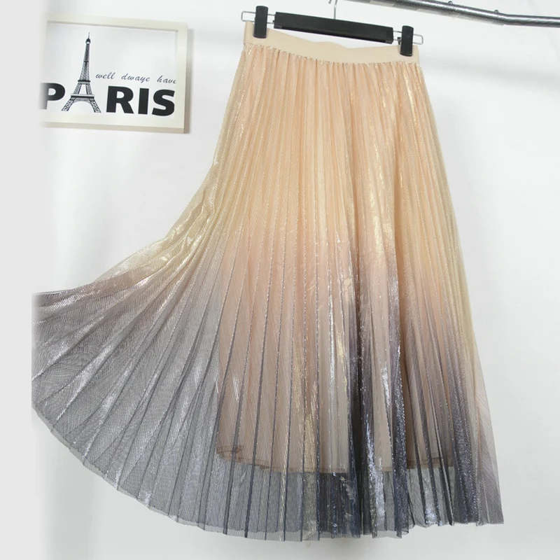 

Qiuxuan Contrast Color Sheer Mesh Pleated Skirts Tulle Long Skirt Spring Autumn Elastic High Waist Casual Streetwear Midi Skirt