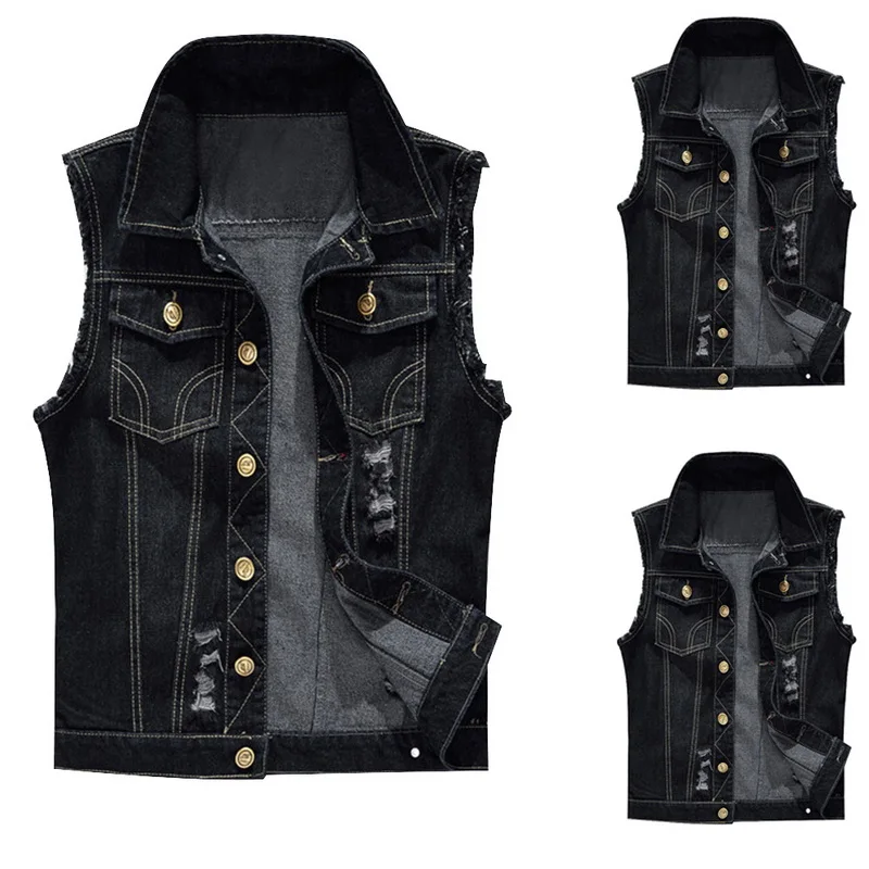 MJARTORIACotton Sleeveless Jacket Vest Men Plus Size Holed  Turn-down Collar Male Cowboy Outdoors Waistcoat Mens Jean Jackets