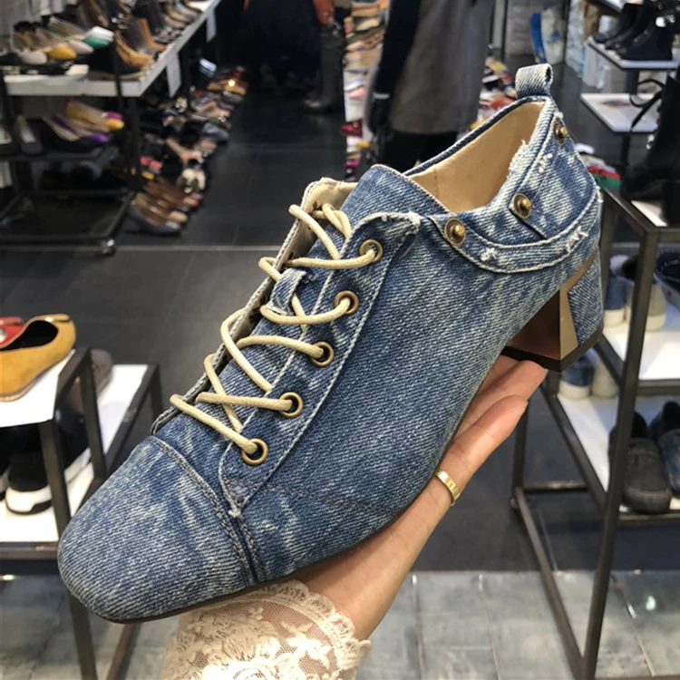 

Womens Lace Up Denim Chunky Mid-high Heels British Style Casual Shoes Hot b8