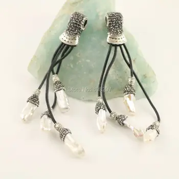 

5Pcs Charm Freshwater Pearl with Crystal Rhinestone Paved Leather Tassel Pendant, For Jewelry Making