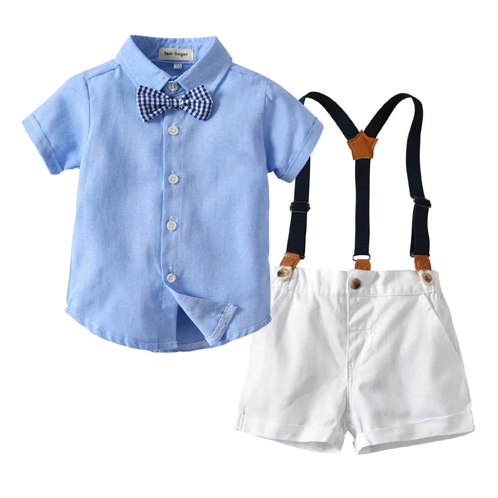 Комплект одежды для маленьких джентльменов, летний костюм для малышей, белая рубашка с галстуком-бабочкой+ шорты на подтяжках официальная одежда для новорожденных мальчиков