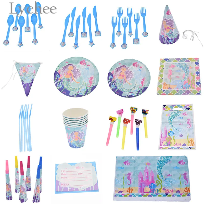 

Lychee Mermaid Design Disposable Tableware Cartoon Print Dinnerware Baby Shower Birthday Party Supplies