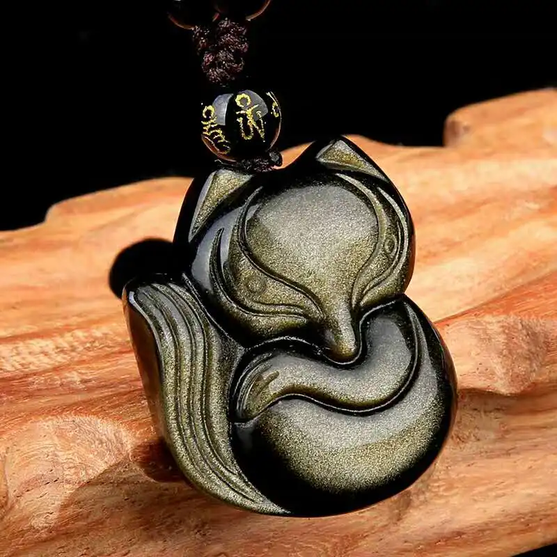 

Genuine Natural Gold Obsidian Fox Pendant Necklace For Men AND Women Female Lucky Love Crystal Jewelry