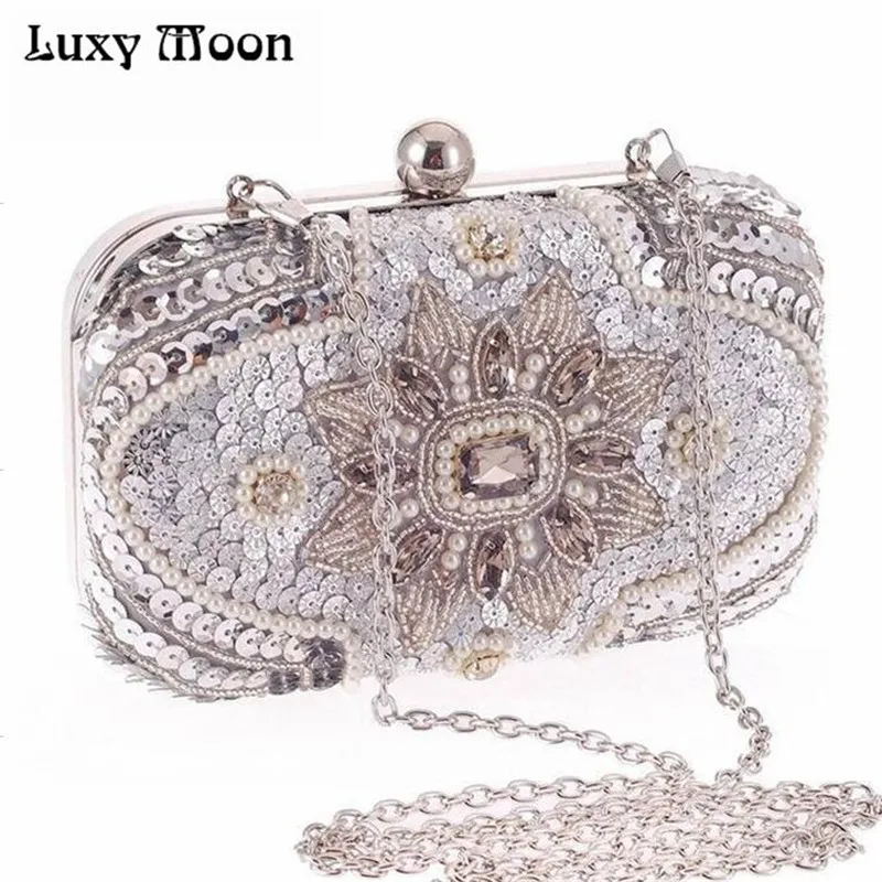 New 2017 Glitter women beaded clutch silver evening bags with chains