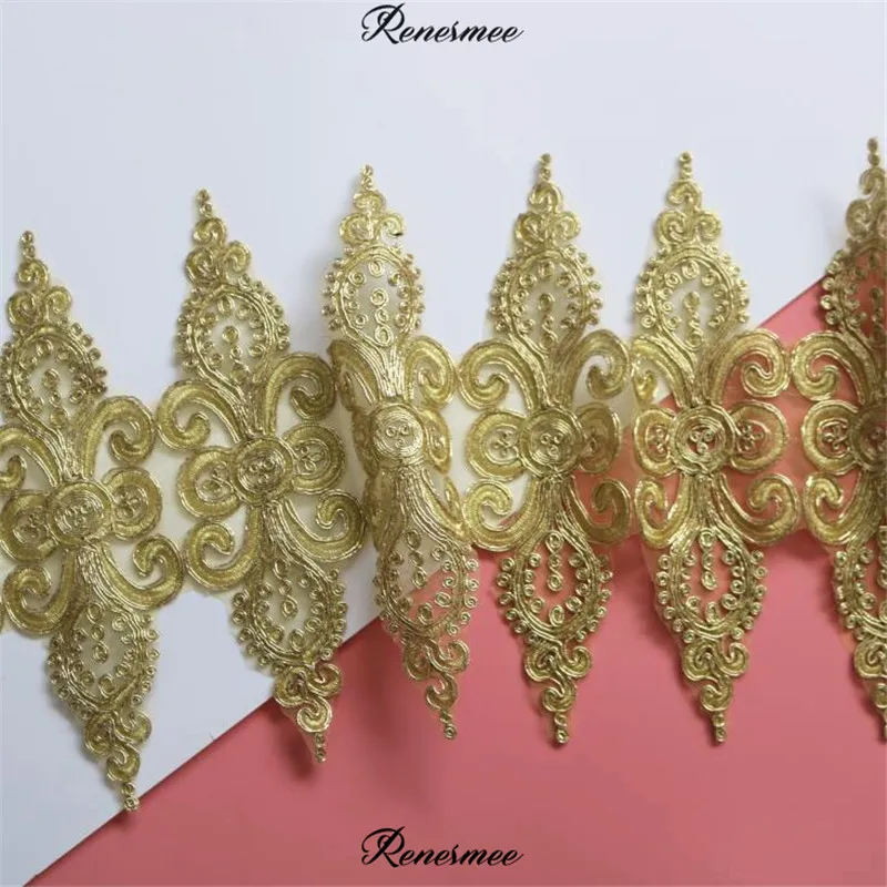 

3Yards Gold Thread Lace Flower Applique Trim Edge Handmade diy Material Wedding Clothing Applique Flower Timimg 24cm SX359