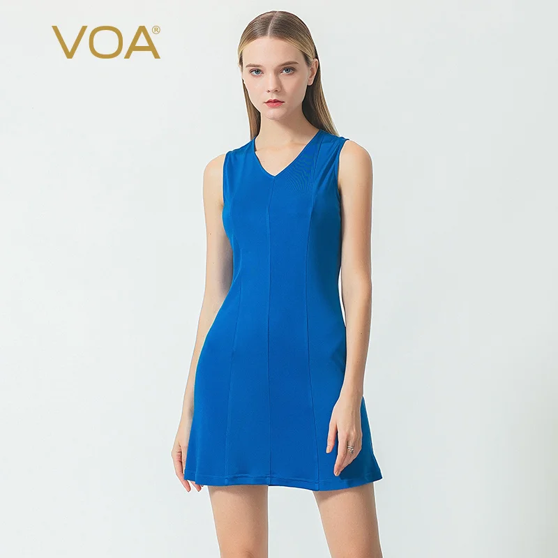 

VOA Blue 33 M/M Heavy Duplex Knitting Elastic Simple Women's Silk Dress Y1001