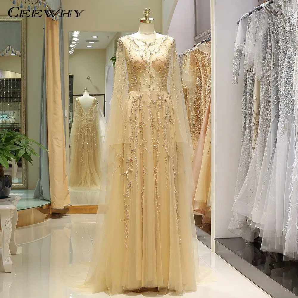CEEWHY Gold Formal Dress Saudi Arabia Muslim Evening Dress Long Sleeve Glitter Long Evening