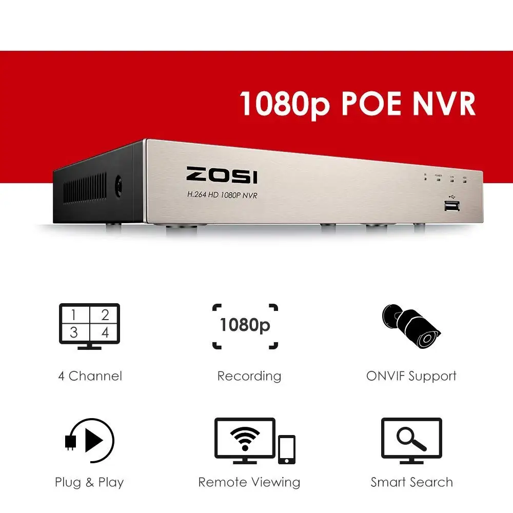 ZOSI CCTV 1080 P POE видеонаблюдения безопасности Системы комплект с 2-Megapixel Наружная цилиндрическая ip-камер с 100ft Ночное видение