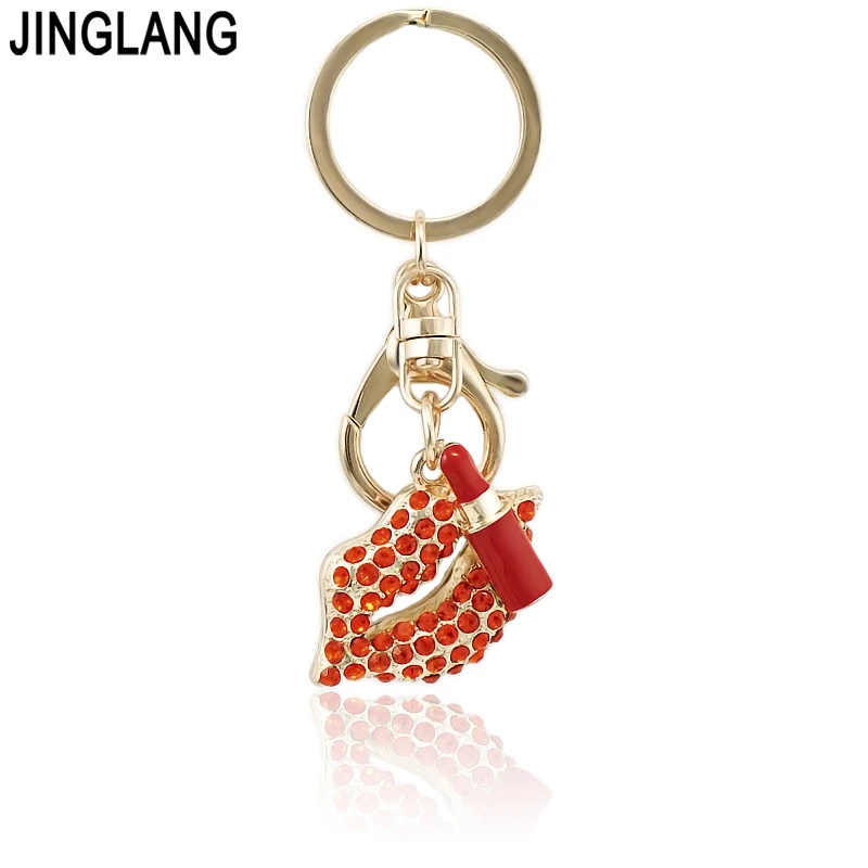 

JINGLANG Gold Color Lobster Clasp Keyring Dangle Crystal Mouth Mix Lipstick Charms Keychains For Women Handbag Luxury Jewelry