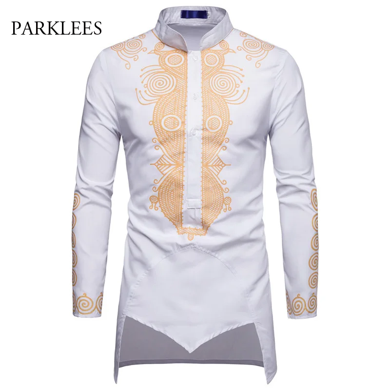 

African Style White Shirt Men New Extra Long Irregular Hem Mens Tuxedo Dress Shirts Slim Fit Harajuku Streetwear Hip Hop Camisa