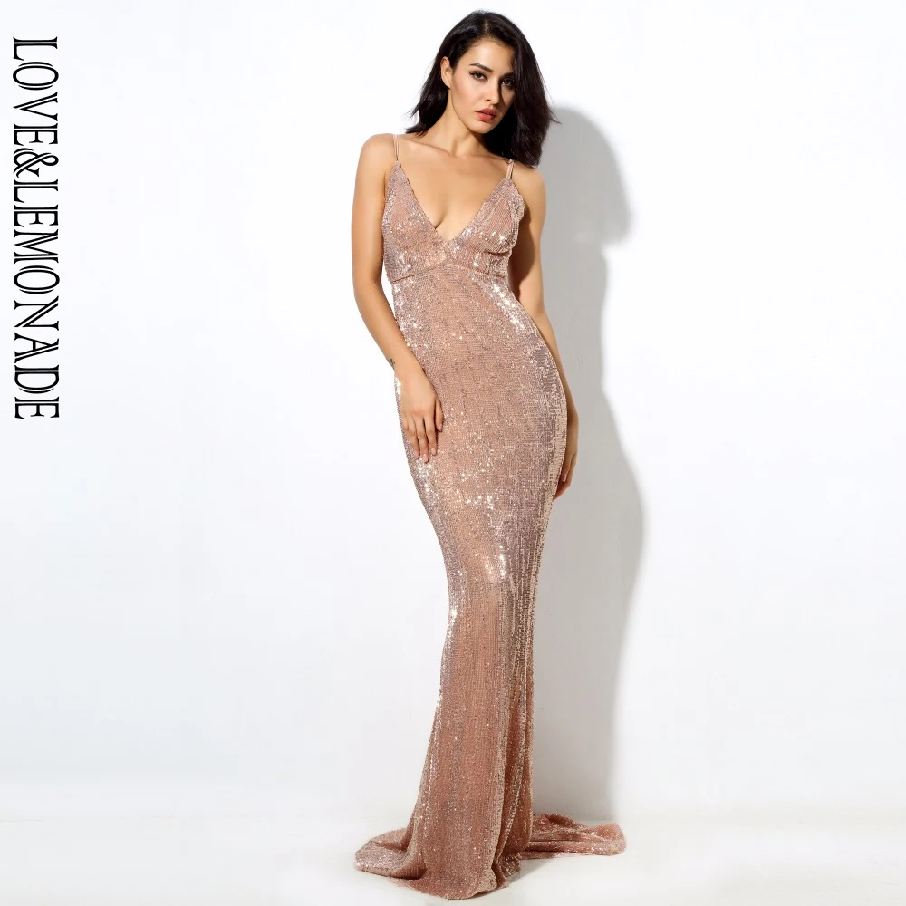 

Love&Lemonade Elastic Sequin V Collar Exposed Back Long Dress LM0233