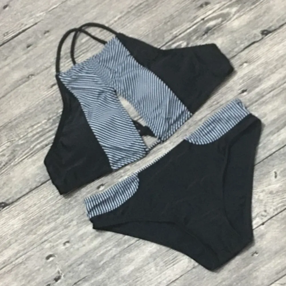 

QIANG YI 2019 Summer Style Contrast Color Push Up Hollow High Neck Bikini Set Women Swimwear Swimsuit Bathing Suit Cross Bandage