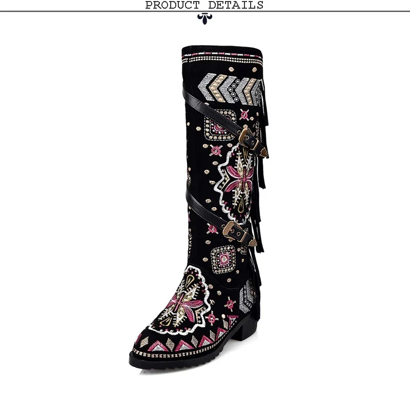 EGONERY/Женская обувь; новые модные зимние сапоги до колена из коровьей замши с вышивкой; удобная женская обувь с круглым носком; большие размеры
