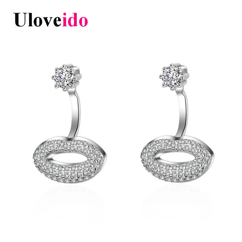 Uloveido Sexy Lip Kiss Stud Earrings Silver Color Cubic Zirconia